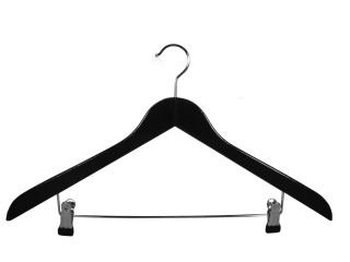Holzbügel für Anzüge und Zweiteiler mit Clip, flach, 45 cm, schwarz, NEU, 5 Stück