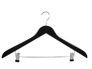 Holzbügel für Anzüge und Zweiteiler mit Clip, flach, 50 cm, schwarz, NEU, 5 Stück