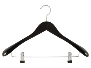 Holzbügel für Anzüge und Zweiteiler mit Clip, breit, 50 cm, schwarz, NEU, 5 Stück